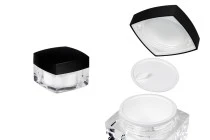 Pot carré de luxe pour crème de 50ml en acrylique avec couvercle noir, avec joint intérieur sur le couvercle et plastique sur le pot Pot carré de luxe pour crème de 50ml en acrylique avec couvercle noir, avec joint intérieur sur le couvercle et plastique sur le pot