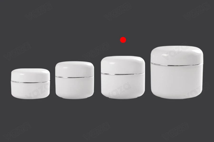 Vasetto in plastica da 30 ml a doppia parete con striscia argentata, sottotappo e tappo - 12 pz Vasetto in plastica da 30 ml a doppia parete con striscia argentata, sottotappo e tappo - 12 pz-εικόνα_σύνθεση