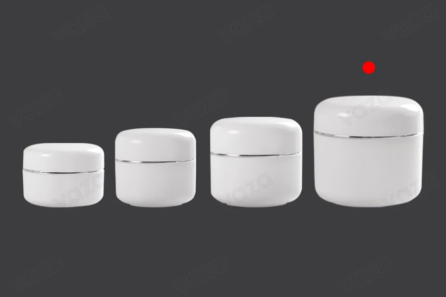 White 50ml double wall plastic cream jar with cap, sealing disc and silver stripe on the cap - available in a package with 12 pcs White 50ml double wall plastic cream jar with cap, sealing disc and silver stripe on the cap - available in a package with 12 pcs-image_group