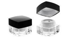 Βάζο πολυτελείας τετράγωνο για κρέμα 5 ml, ακρυλικό με μαύρο καπάκι, με εσωτερικό παρέμβυσμα στο καπάκι και πλαστικό στο βάζο