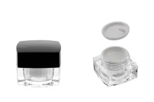 Βάζο πολυτελείας τετράγωνο για κρέμα 5 ml, ακρυλικό με μαύρο καπάκι, με εσωτερικό παρέμβυσμα στο καπάκι και πλαστικό στο βάζο-5