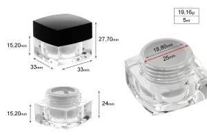 Βάζο πολυτελείας τετράγωνο για κρέμα 5 ml, ακρυλικό με μαύρο καπάκι, με εσωτερικό παρέμβυσμα στο καπάκι και πλαστικό στο βάζο-6