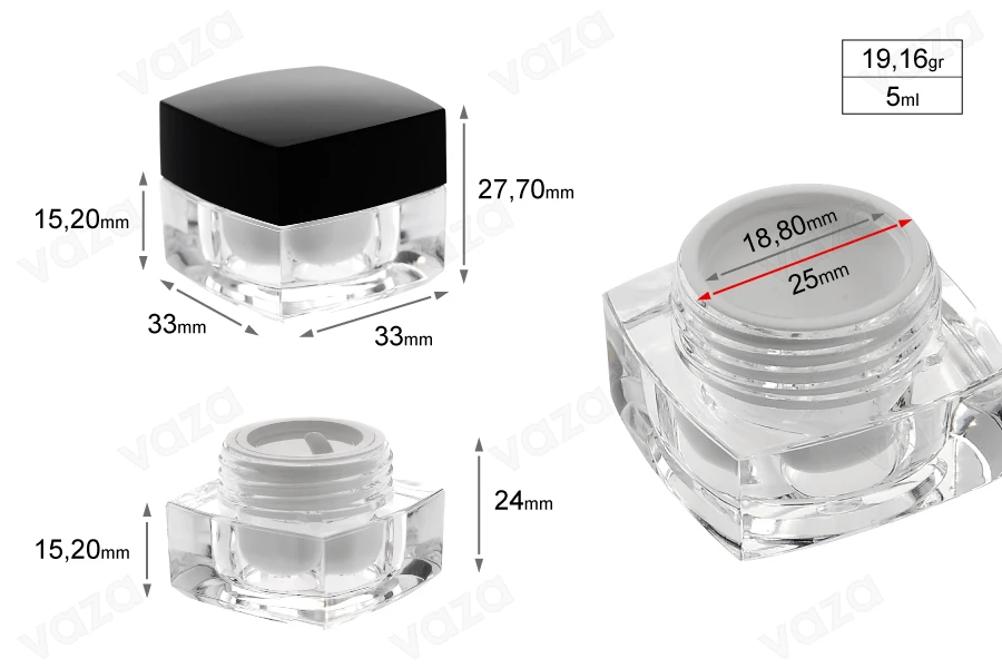 Βάζο πολυτελείας τετράγωνο για κρέμα 5 ml, ακρυλικό με μαύρο καπάκι, με εσωτερικό παρέμβυσμα στο καπάκι και πλαστικό στο βάζο-εικόνα_διαστάσεις