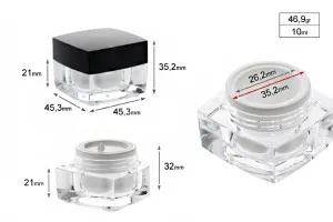 Βάζο πολυτελείας τετράγωνο για κρέμα 10 ml, ακρυλικό με μαύρο καπάκι, με εσωτερικό παρέμβυσμα στο καπάκι και πλαστικό στο βάζο-6