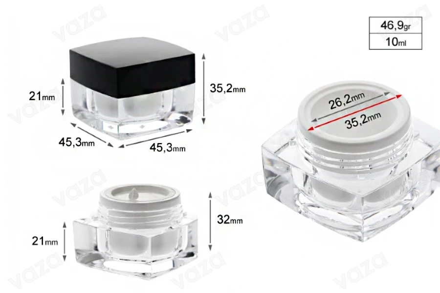 Luxury 10ml acrylic square cream jar with black cap with inner lid and a plastic sealing disc on the jar.-image_dimensions