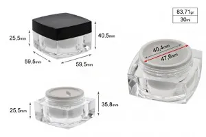 Βάζο πολυτελείας τετράγωνο για κρέμα 30 ml, ακρυλικό με μαύρο καπάκι, με εσωτερικό παρέμβυσμα στο καπάκι και πλαστικό στο βάζο-6