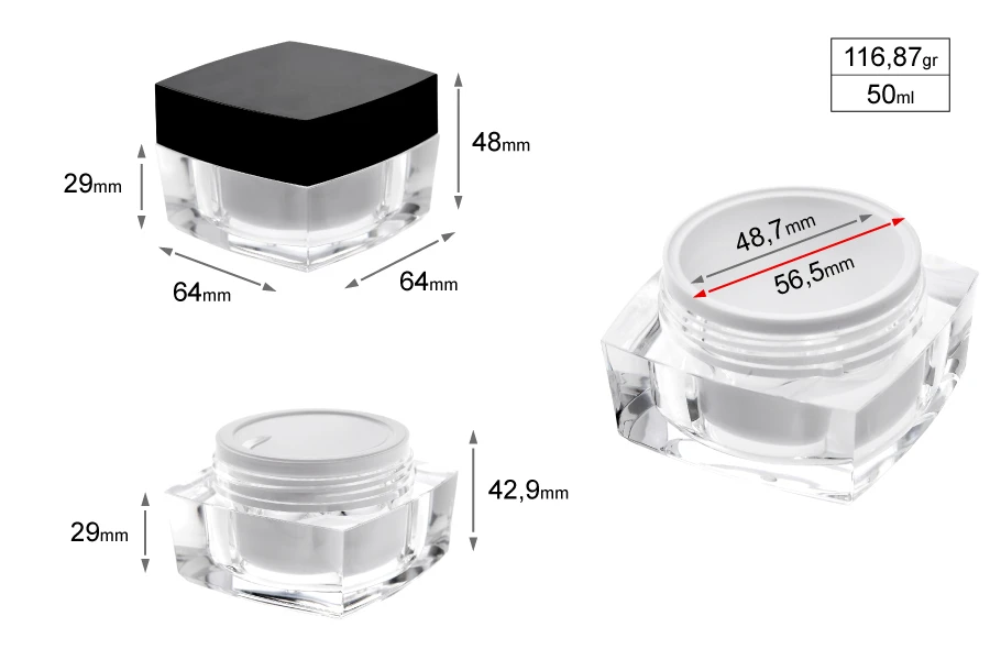 Βάζο πολυτελείας τετράγωνο για κρέμα 50 ml, ακρυλικό με μαύρο καπάκι, με εσωτερικό παρέμβυσμα στο καπάκι και πλαστικό στο βάζο Βάζο πολυτελείας τετράγωνο για κρέμα 50 ml, ακρυλικό με μαύρο καπάκι, με εσωτερικό παρέμβυσμα στο καπάκι και πλαστικό στο βάζο