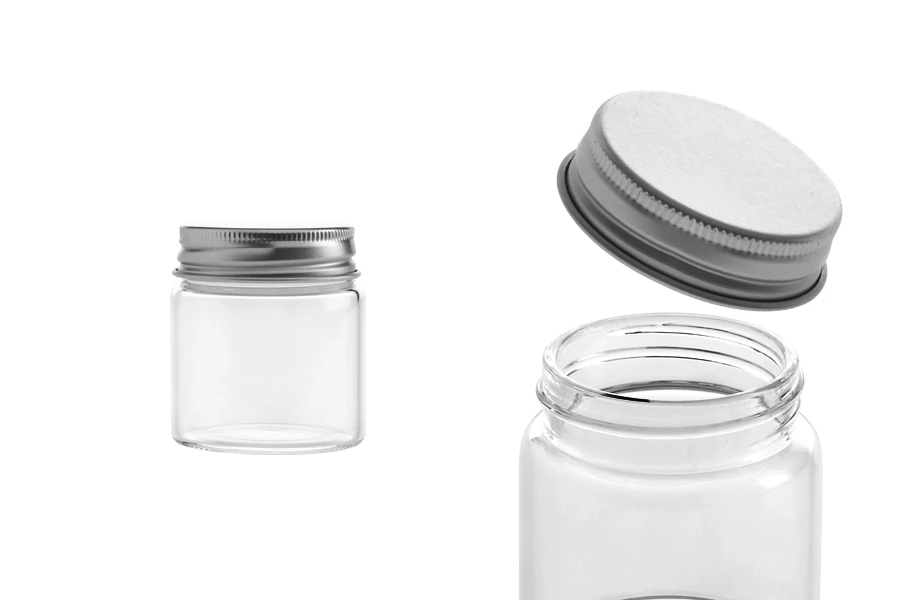 Glas 50 mit silbernem Alu Deckel 47x52,5mm - 12 Stücke Glas 50 mit silbernem Alu Deckel 47x52,5mm - 12 Stücke
