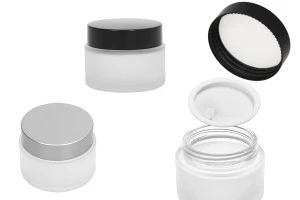 Transparentes 50-ml-Glasgefäß in Milchcreme mit Dichtungsscheibe und in den Deckel eingesetzter EPE-Einlage-1