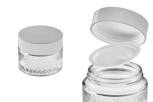 50ml Glasflasche für 50 ml Creme mit silberner Aluminiumkappe, Innenkappe auf dem Deckel und Plastik im Glas