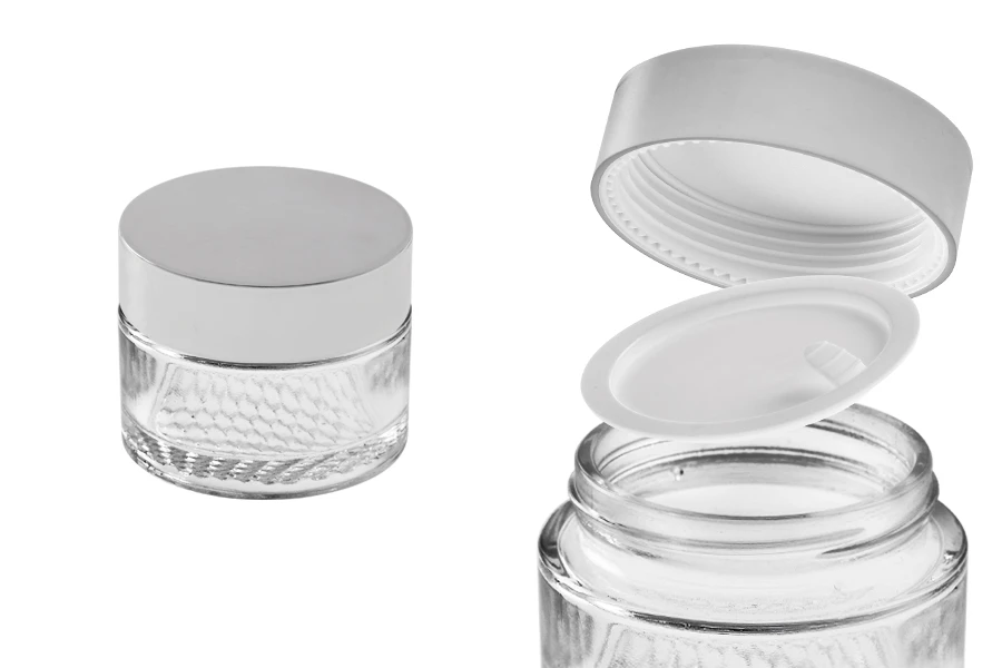 Βαζάκι γυάλινο για κρέμα 50 ml με ασημί καπάκι αλουμινίου, εσωτερικό παρέμβυσμα στο καπάκι και πλαστικό στο βάζο Βαζάκι γυάλινο για κρέμα 50 ml με ασημί καπάκι αλουμινίου, εσωτερικό παρέμβυσμα στο καπάκι και πλαστικό στο βάζο
