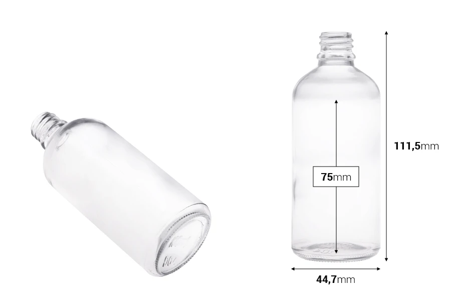 Γυάλινο μπουκαλάκι για αιθέρια έλαια 100 ml διάφανο με στόμιο PP18