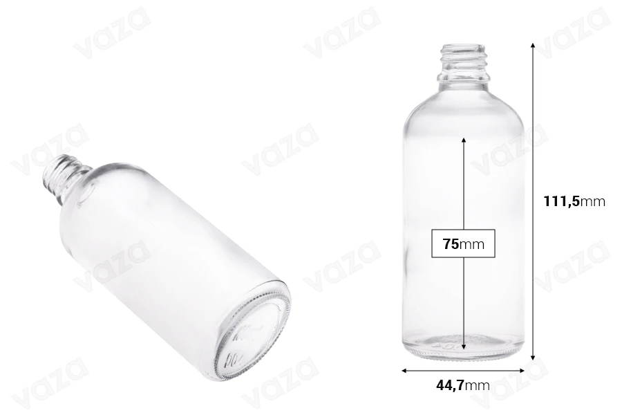 Flacon en verre pour huiles essentielles de 100 ml transparent avec bouchon PP18-photo_dimensions