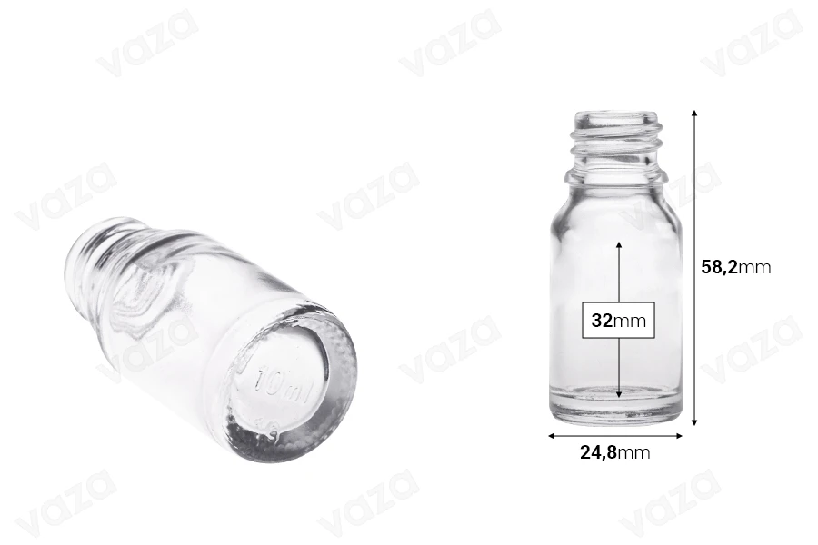 Γυάλινο μπουκαλάκι για αιθέρια έλαια 10 ml διάφανο με στόμιο PP18-εικόνα_διαστάσεις