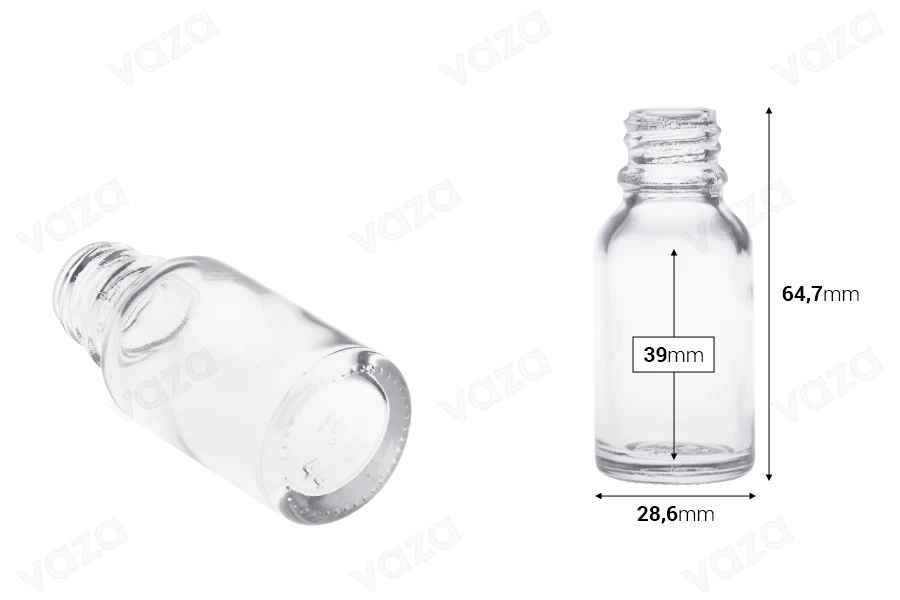 Clear 15ml glass bottle for essential oils with PP18 neck Clear 15ml glass bottle for essential oils with PP18 neck-image_dimensions