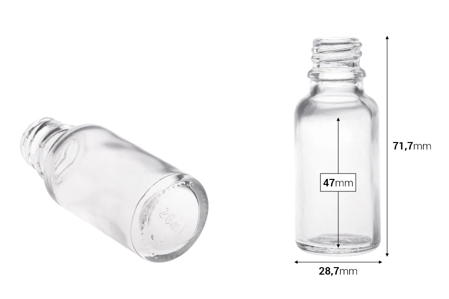 Γυάλινο μπουκαλάκι για αιθέρια έλαια 20 ml διάφανο με στόμιο PP18 Γυάλινο μπουκαλάκι για αιθέρια έλαια 20 ml διάφανο με στόμιο PP18