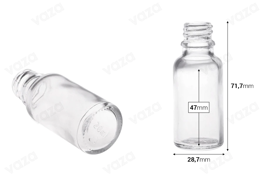 Flacon en verre pour huiles essentielles de 20 ml transparent avec bouchon PP18-photo_dimensions