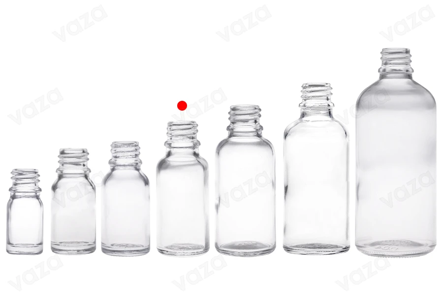 Flacon en verre pour huiles essentielles de 20 ml transparent avec bouchon PP18-photo_groupe