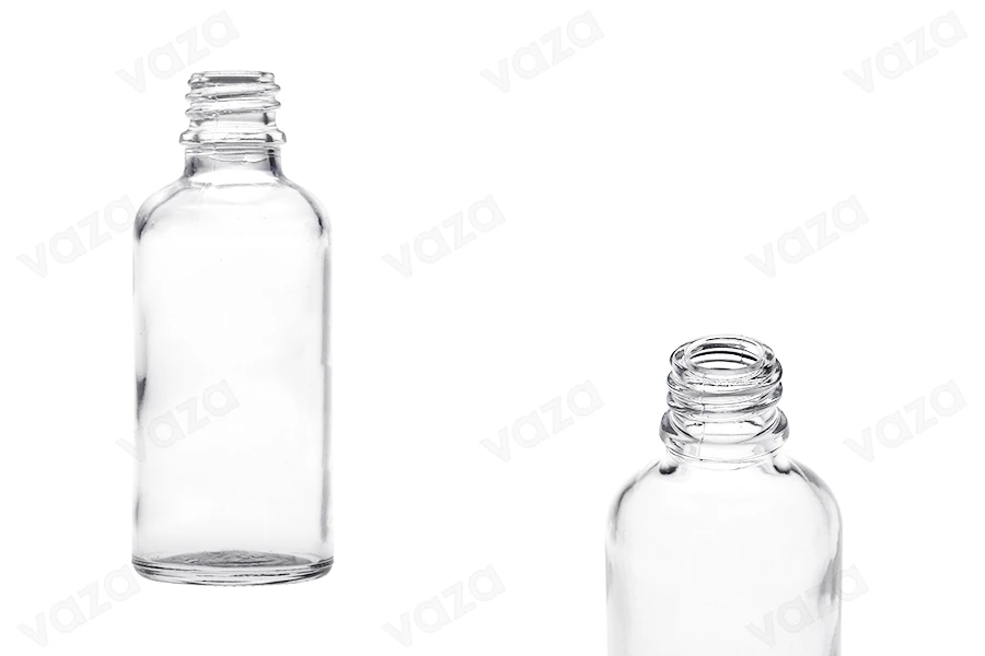 Shishe qelqi për vajra esenciale 50 ml transparente me grykë PP18-imazh_produkt