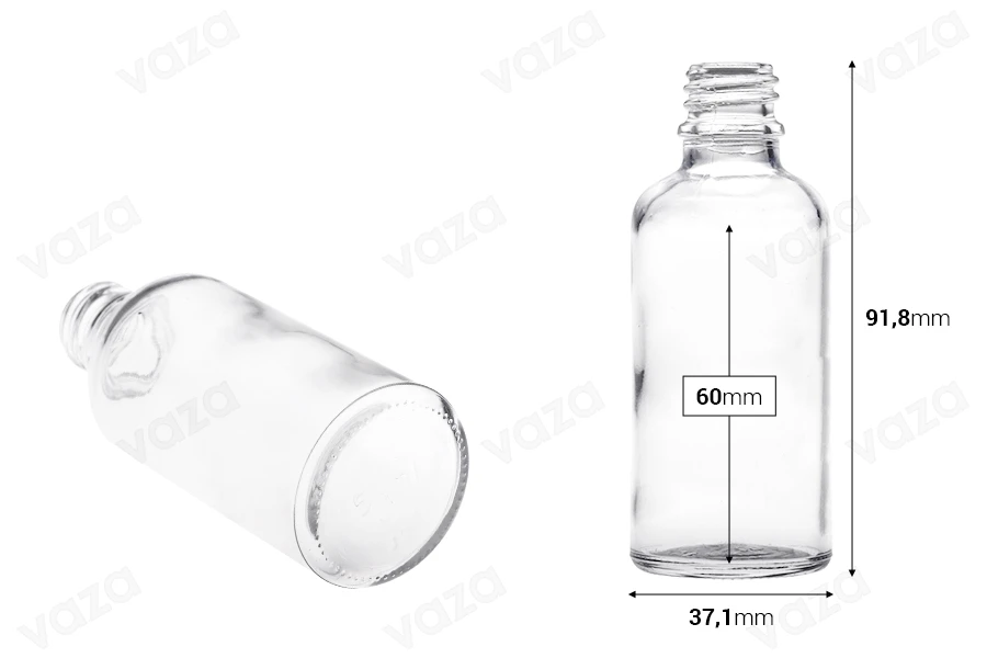 Shishe qelqi për vajra esenciale 50 ml transparente me grykë PP18-imazh_dimensione