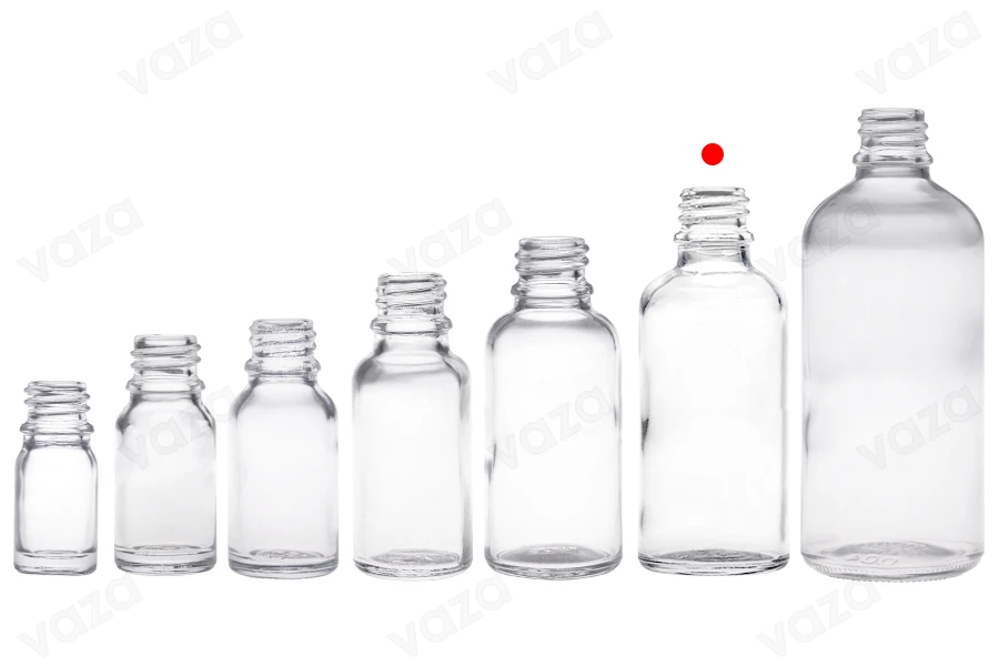 Shishe qelqi për vajra esenciale 50 ml transparente me grykë PP18-imazh_grup