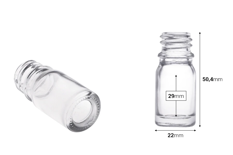 Γυάλινο μπουκαλάκι για αιθέρια έλαια 5 ml διάφανο με στόμιο PP18 Γυάλινο μπουκαλάκι για αιθέρια έλαια 5 ml διάφανο με στόμιο PP18