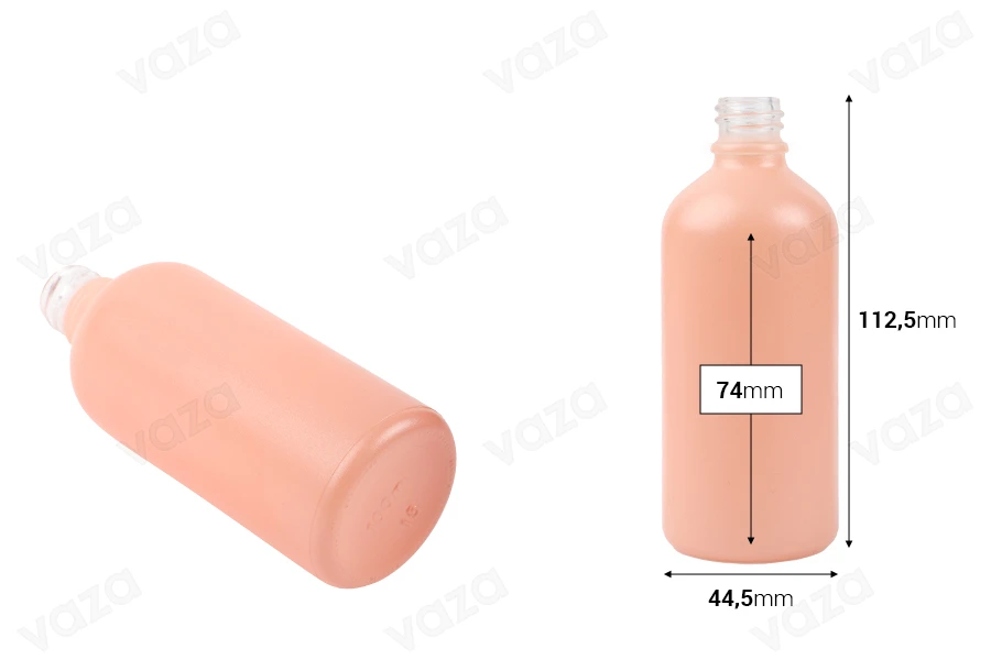 Γυάλινο μπουκαλάκι για αιθέρια έλαια 100 ml ροζ ματ με στόμιο PP18 Γυάλινο μπουκαλάκι για αιθέρια έλαια 100 ml ροζ ματ με στόμιο PP18-εικόνα_διαστάσεις