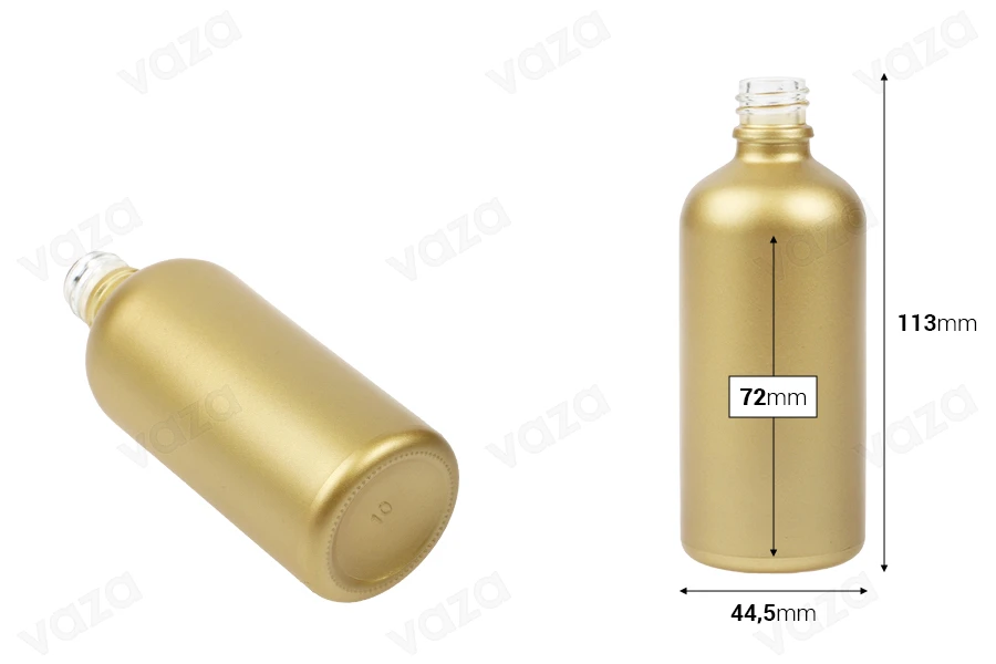 Glass bottle PP18 for essential oils 100 ml in gold matte color Glass bottle PP18 for essential oils 100 ml in gold matte color-image_dimensions