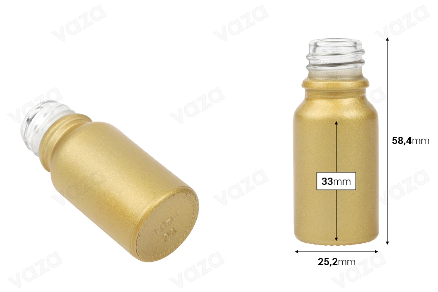 Shishe qelqi për vajra esencialë 10 ml, ngjyrë ari mat, me grykë PP18.-imazh_dimensione