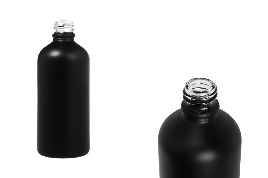Γυάλινο μπουκαλάκι για αιθέρια έλαια 100 ml μαύρο αμμοβολής με στόμιο PP18 Γυάλινο μπουκαλάκι για αιθέρια έλαια 100 ml μαύρο αμμοβολής με στόμιο PP18