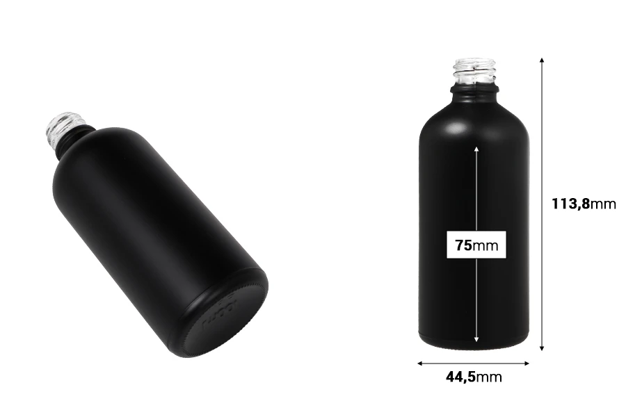 Γυάλινο μπουκαλάκι για αιθέρια έλαια 100 ml μαύρο αμμοβολής με στόμιο PP18 Γυάλινο μπουκαλάκι για αιθέρια έλαια 100 ml μαύρο αμμοβολής με στόμιο PP18
