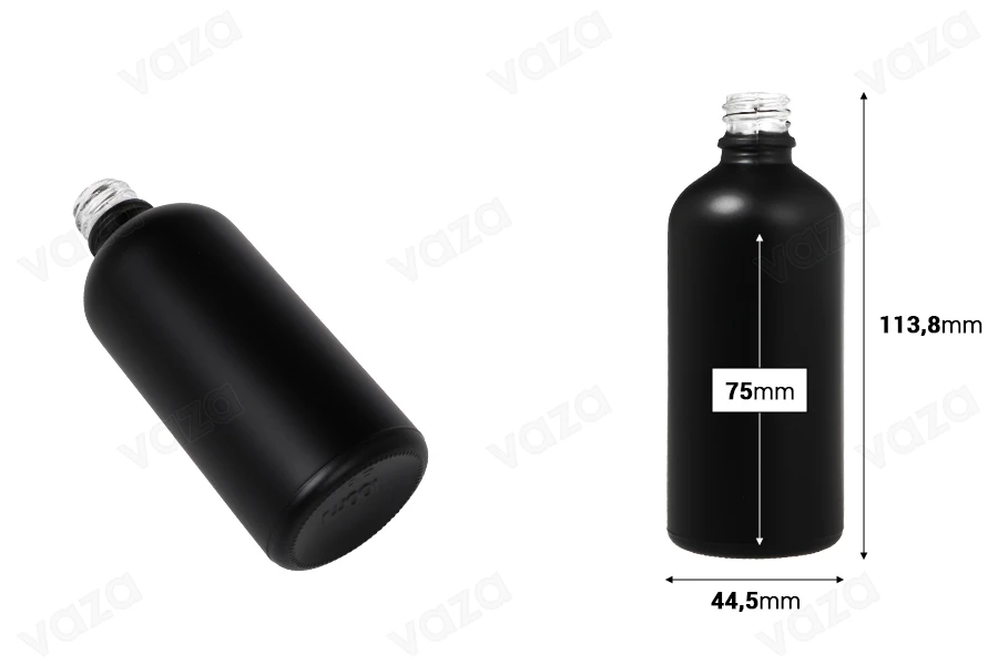 Flacon en verre pour huiles essentielles de 100 ml noir sablé avec bouche PP18 Flacon en verre pour huiles essentielles de 100 ml noir sablé avec bouche PP18-photo_dimensions
