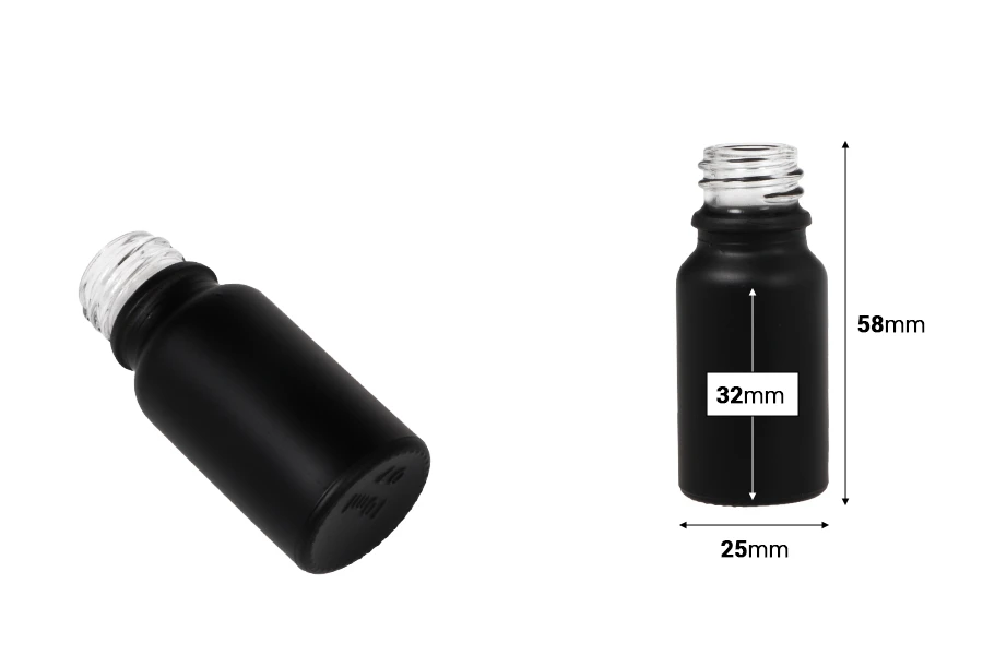 Γυάλινο μπουκαλάκι για αιθέρια έλαια 10 ml μαύρο αμμοβολής με στόμιο PP18