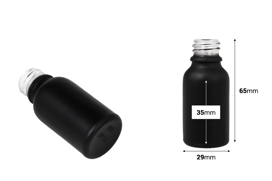 Γυάλινο μπουκαλάκι για αιθέρια έλαια 15 ml μαύρο αμμοβολής με στόμιο PP18