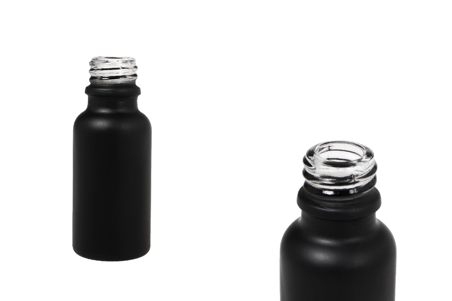 Γυάλινο μπουκαλάκι για αιθέρια έλαια 20 ml μαύρο αμμοβολής με στόμιο PP18 Γυάλινο μπουκαλάκι για αιθέρια έλαια 20 ml μαύρο αμμοβολής με στόμιο PP18
