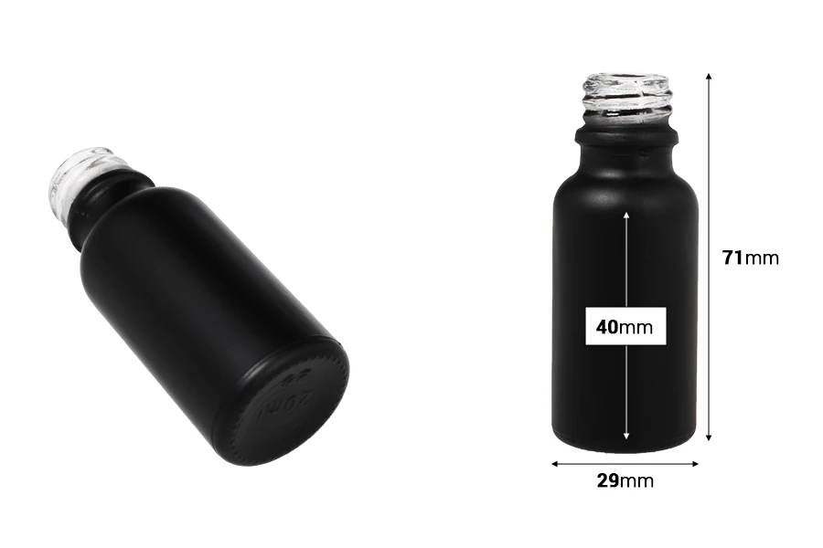 Γυάλινο μπουκαλάκι για αιθέρια έλαια 20 ml μαύρο αμμοβολής με στόμιο PP18 Γυάλινο μπουκαλάκι για αιθέρια έλαια 20 ml μαύρο αμμοβολής με στόμιο PP18