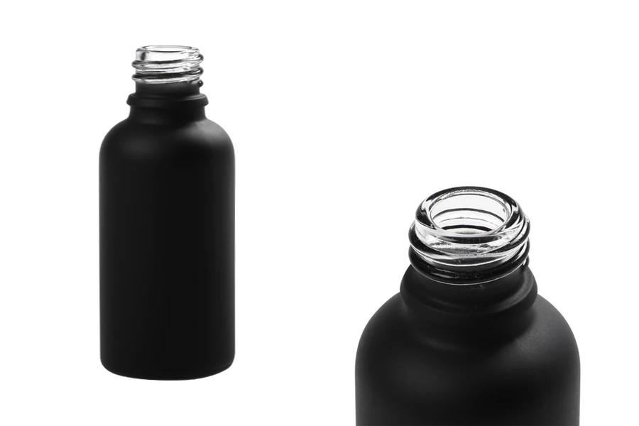Γυάλινο μπουκαλάκι για αιθέρια έλαια 30 ml μαύρο αμμοβολής με στόμιο PP18 Γυάλινο μπουκαλάκι για αιθέρια έλαια 30 ml μαύρο αμμοβολής με στόμιο PP18