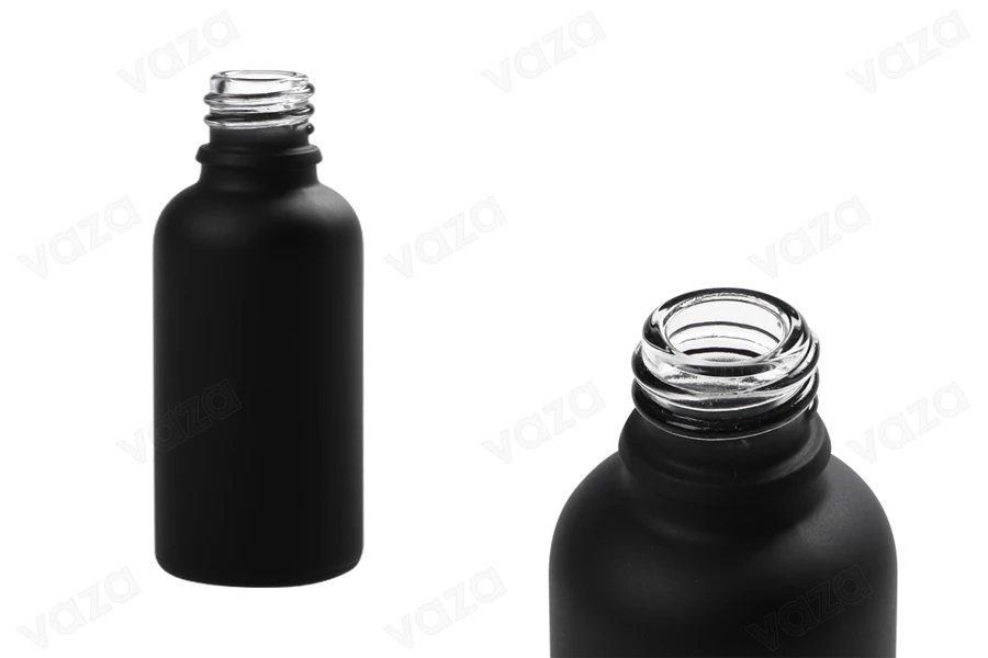 Shishe qelqi 30 ml për vajra esencialë, ngjyrë e zezë mat me grykë PP18. Shishe qelqi 30 ml për vajra esencialë, ngjyrë e zezë mat me grykë PP18.-εικόνα_προϊοντική