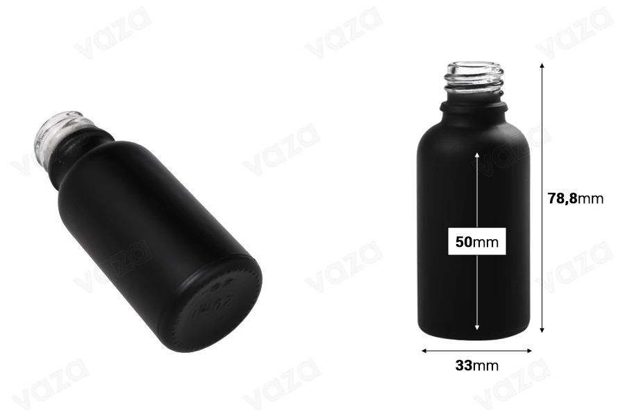Shishe qelqi 30 ml për vajra esencialë, ngjyrë e zezë mat me grykë PP18. Shishe qelqi 30 ml për vajra esencialë, ngjyrë e zezë mat me grykë PP18.-εικόνα_διαστάσεις