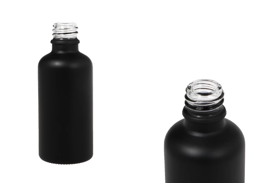 Γυάλινο μπουκαλάκι για αιθέρια έλαια 50 ml μαύρο αμμοβολής με στόμιο PP18 Γυάλινο μπουκαλάκι για αιθέρια έλαια 50 ml μαύρο αμμοβολής με στόμιο PP18