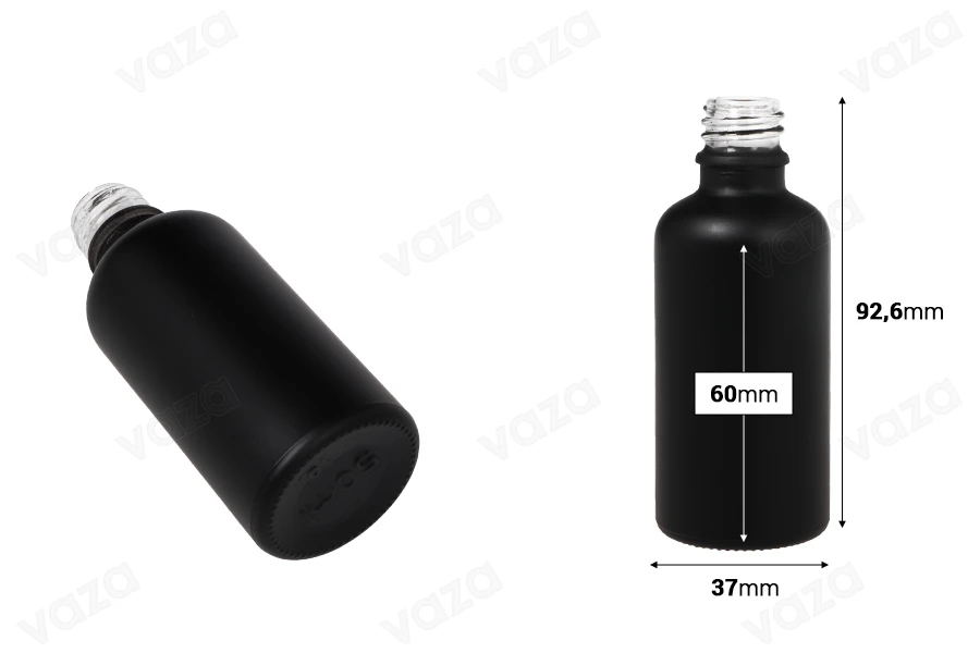 Γυάλινο μπουκαλάκι για αιθέρια έλαια 50 ml μαύρο αμμοβολής με στόμιο PP18 Γυάλινο μπουκαλάκι για αιθέρια έλαια 50 ml μαύρο αμμοβολής με στόμιο PP18-εικόνα_διαστάσεις