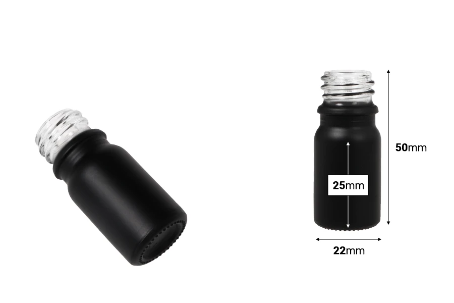 Γυάλινο μπουκαλάκι για αιθέρια έλαια 5 ml μαύρο αμμοβολής με στόμιο PP18 Γυάλινο μπουκαλάκι για αιθέρια έλαια 5 ml μαύρο αμμοβολής με στόμιο PP18