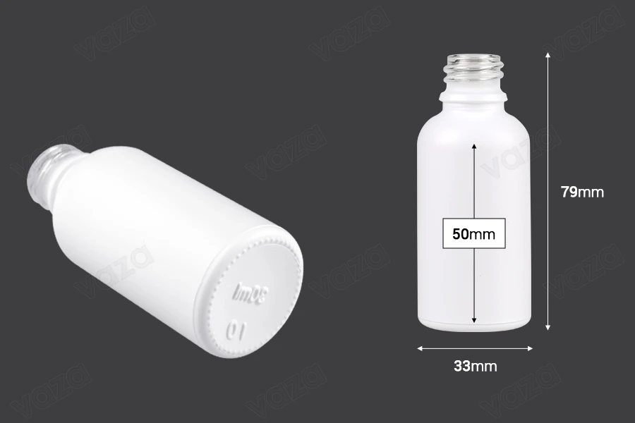 Flacon en verre pour huiles essentielles de 30 ml blanc nacré avec bouche PP18 Flacon en verre pour huiles essentielles de 30 ml blanc nacré avec bouche PP18-photo_dimensions