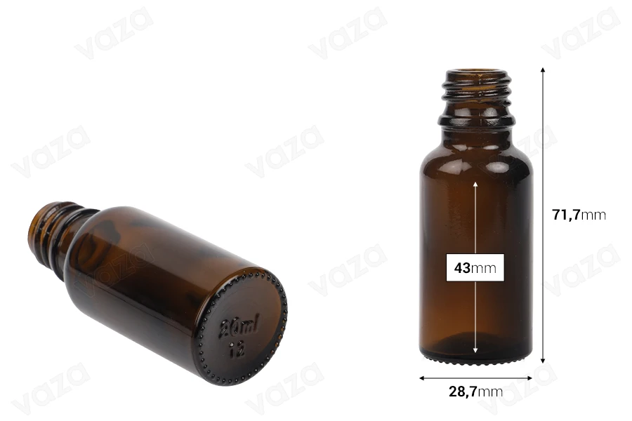Flacon en verre pour huiles essentielles de couleur caramel de 20 ml avec bouchon PP18-photo_dimensions