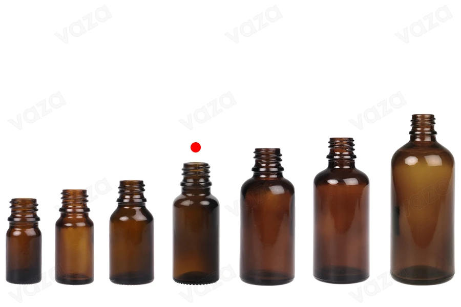 Flacon en verre pour huiles essentielles de couleur caramel de 20 ml avec bouchon PP18-photo_groupe