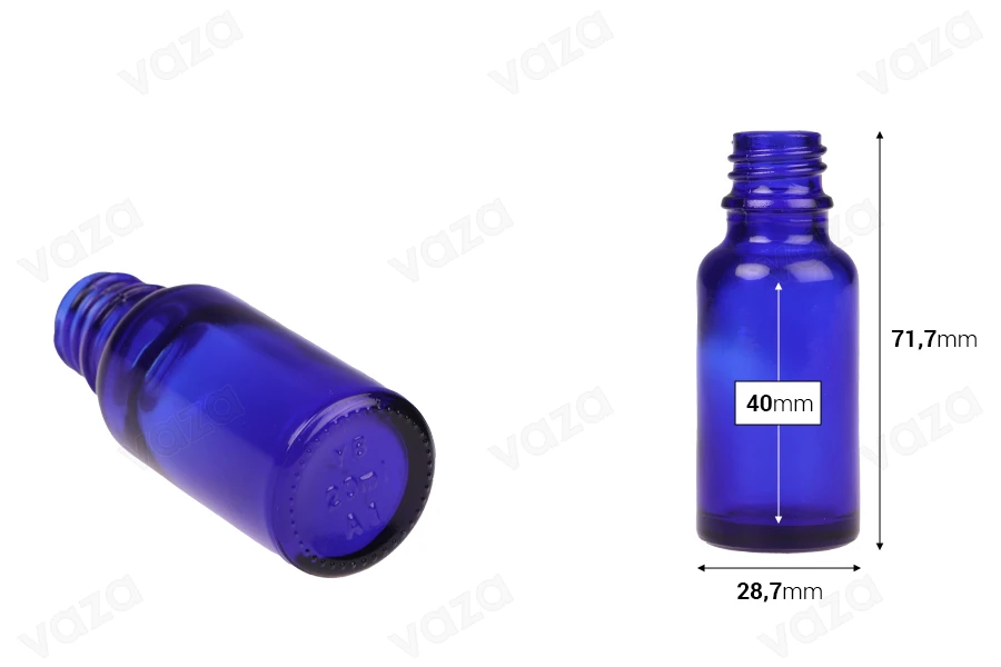 Flacon en verre pour huiles essentielles de 20 ml bleu avec bouchon PP18 Flacon en verre pour huiles essentielles de 20 ml bleu avec bouchon PP18-photo_dimensions