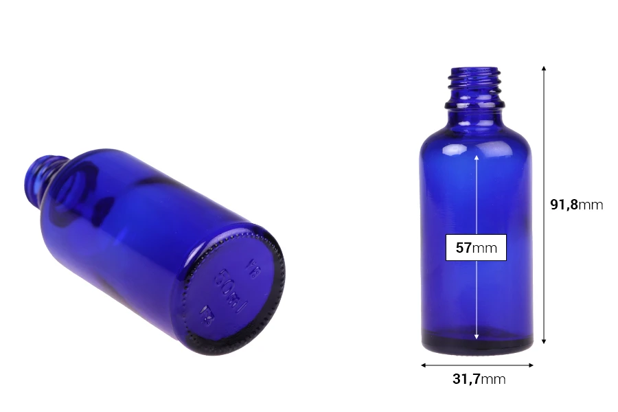 Γυάλινο μπουκαλάκι για αιθέρια έλαια 50 ml μπλέ με στόμιο PP18 Γυάλινο μπουκαλάκι για αιθέρια έλαια 50 ml μπλέ με στόμιο PP18