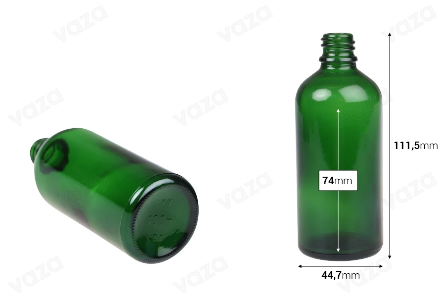 Green glass bottle 100 ml for essential oils with PP18 neck Green glass bottle 100 ml for essential oils with PP18 neck-image_dimensions
