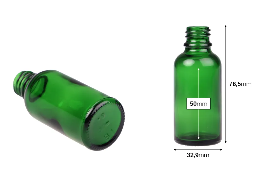 Γυάλινο μπουκαλάκι για αιθέρια έλαια 30 ml πράσινο με στόμιο PP18 Γυάλινο μπουκαλάκι για αιθέρια έλαια 30 ml πράσινο με στόμιο PP18