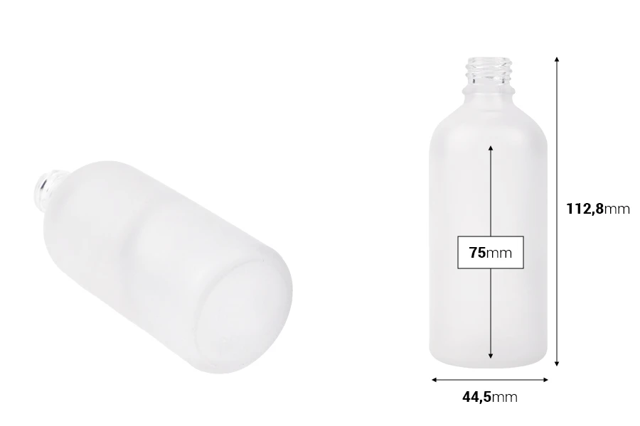 Γυάλινο μπουκαλάκι για αιθέρια έλαια 100 ml διάφανο αμμοβολής με στόμιο PP18 Γυάλινο μπουκαλάκι για αιθέρια έλαια 100 ml διάφανο αμμοβολής με στόμιο PP18